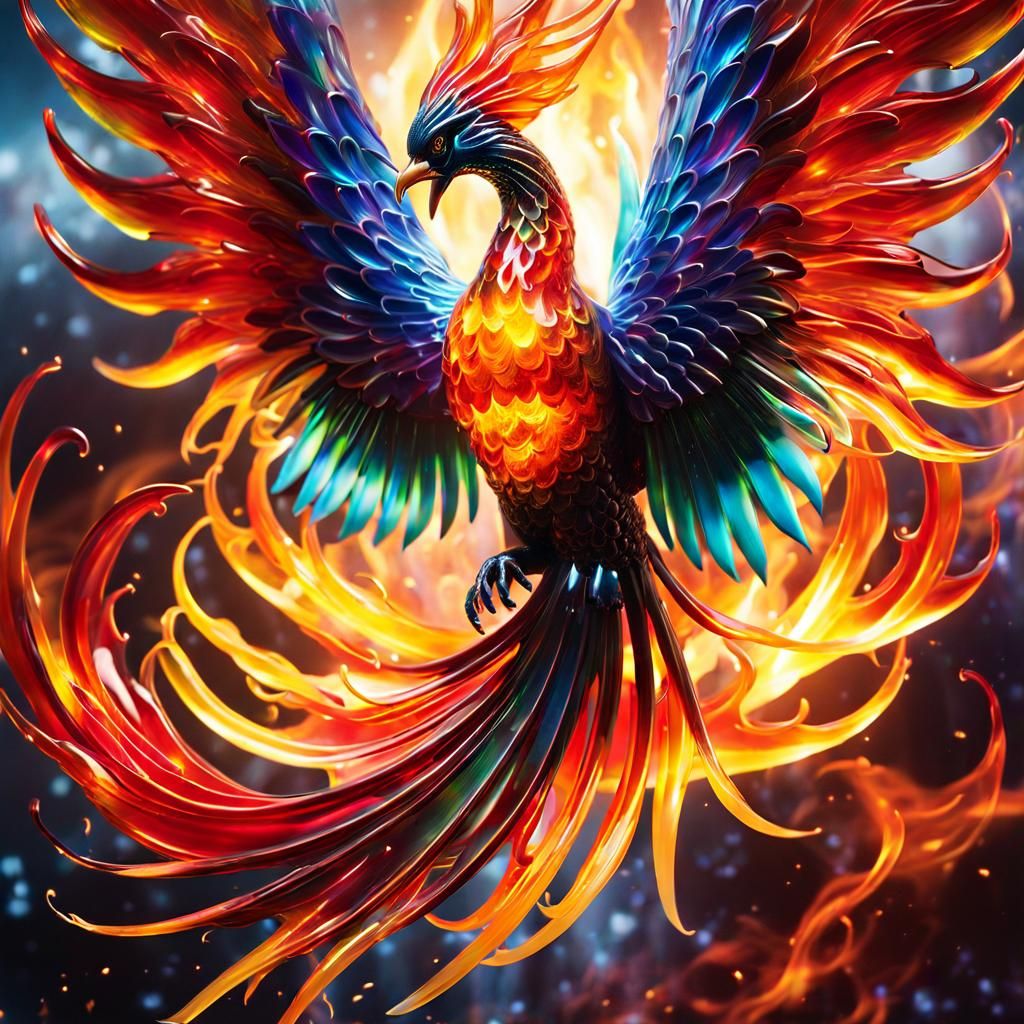 Blown Glass Phoenix with Fiery Wings in Surreal Style