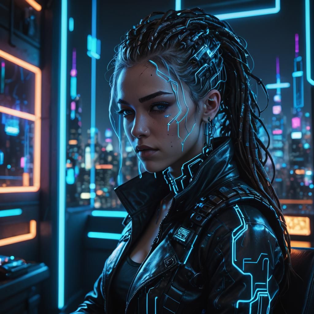 Cyberpunk Girl with Cyberlocks in Neon Cityscape