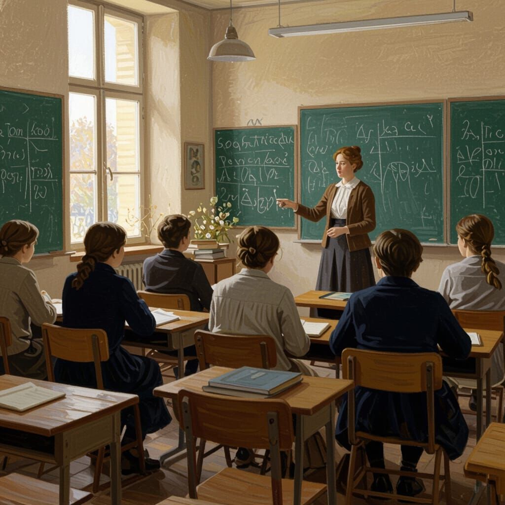 Impressionistic Classroom Scene with Students Listening