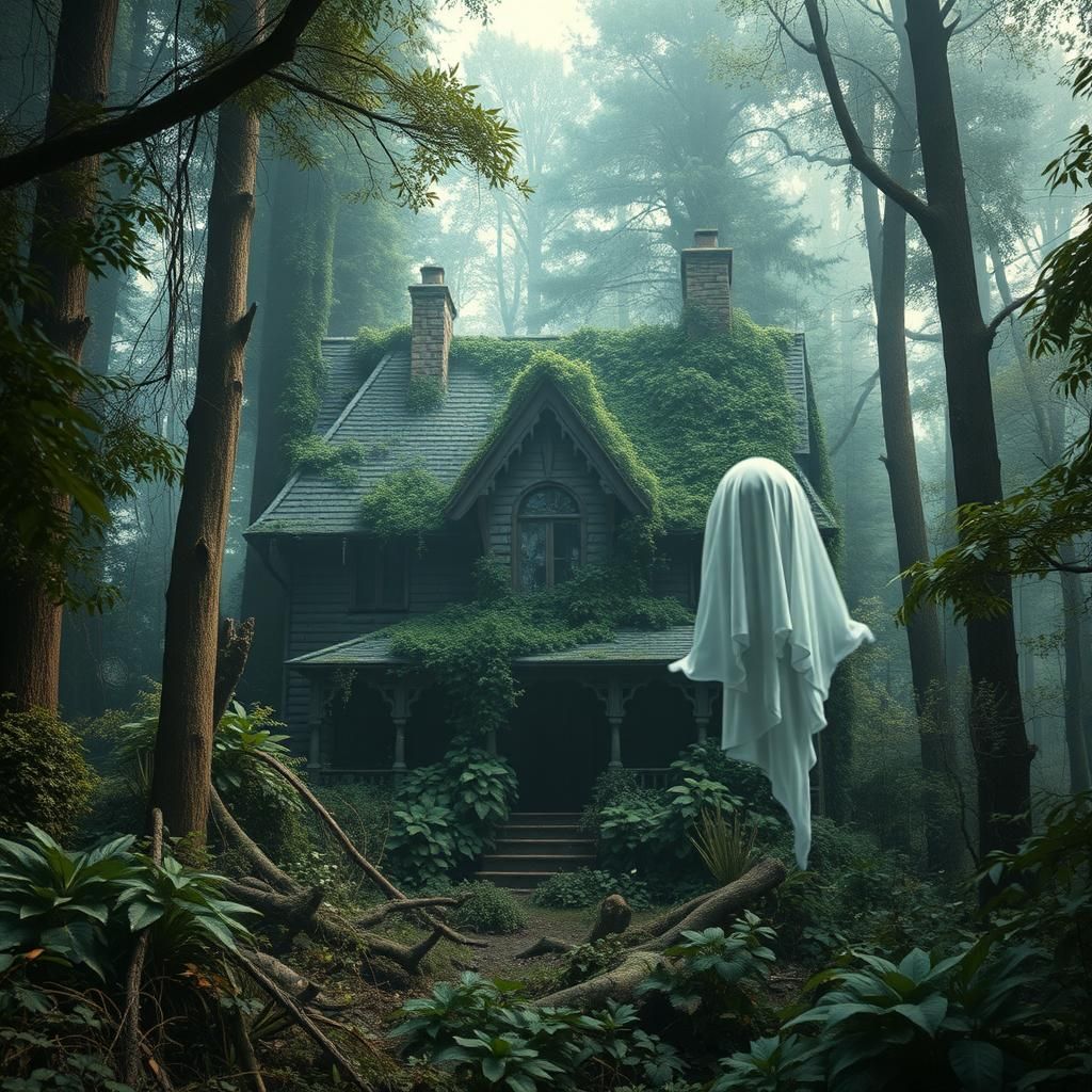 Haunted House in Overgrown Forest with Ghost