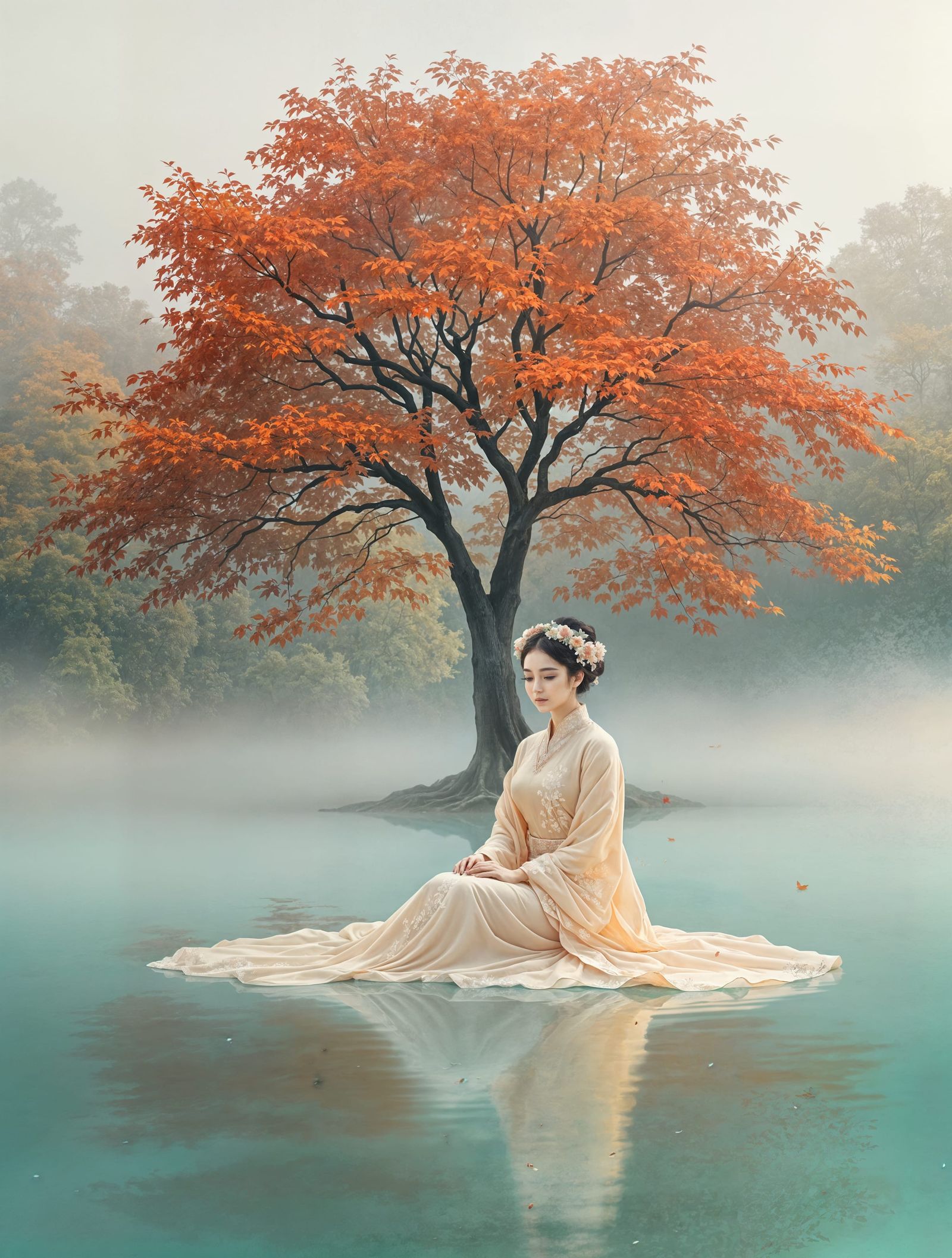Ethereal Asian Goddess in Autumnal Splendor