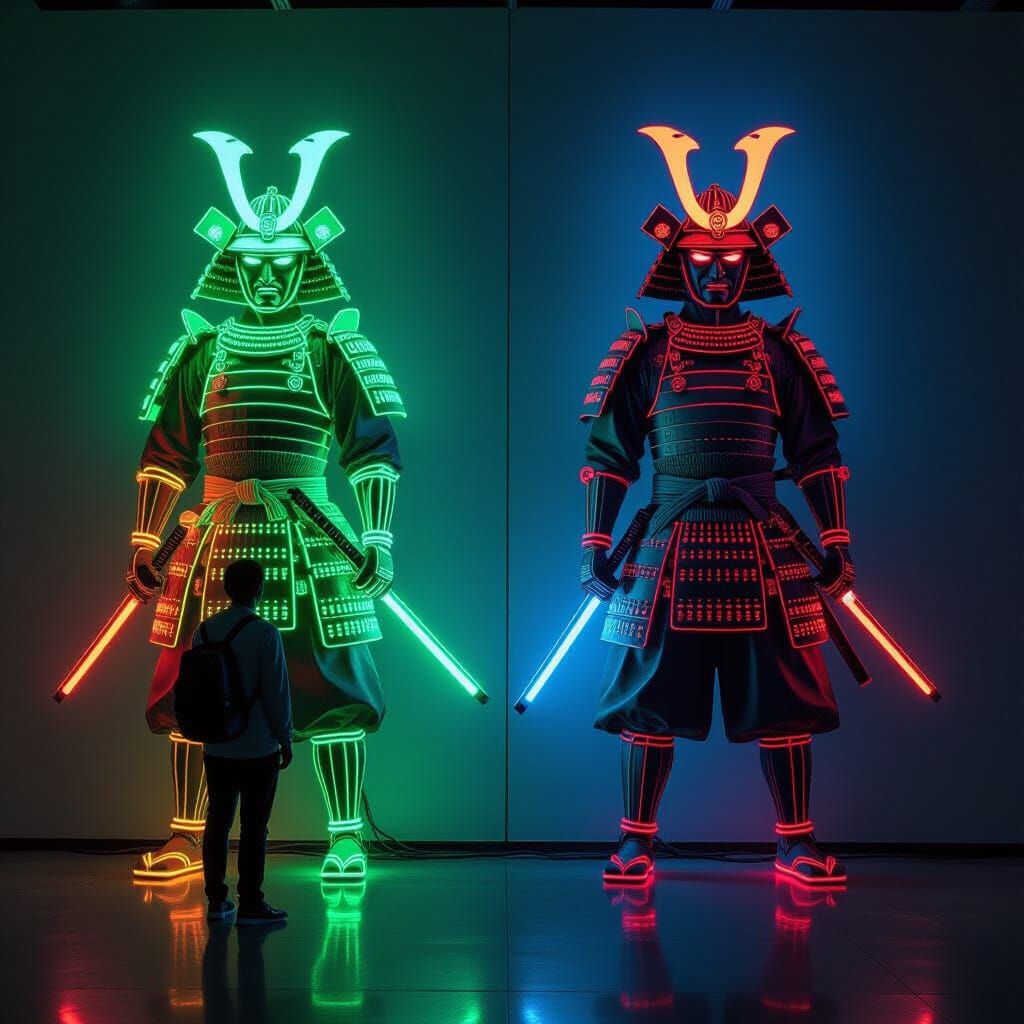 Neon Samurai Light Display in Cyberpunk Style
