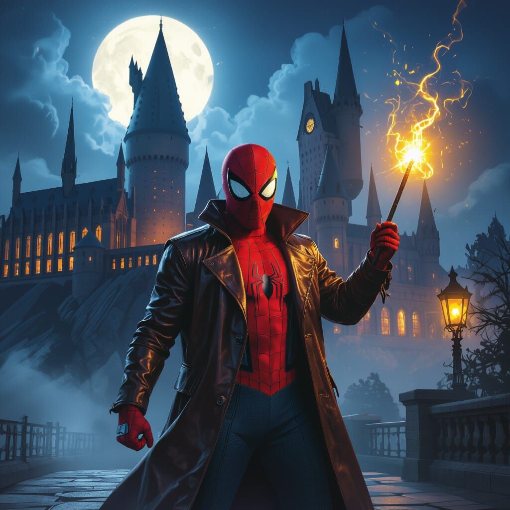 Spider-Man as Wizard at Hogwarts in Concept Art Style