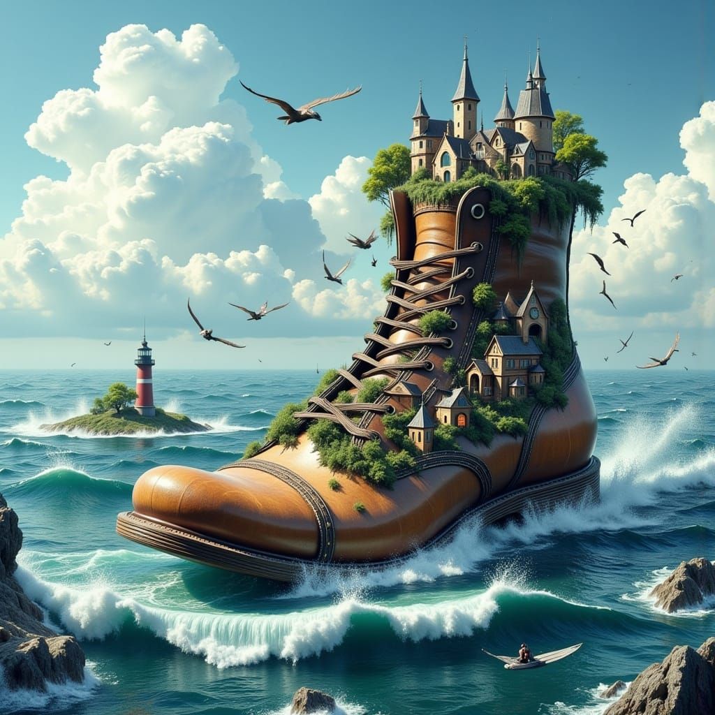 Whimsical Boot Boat Journey in Surreal Ocean