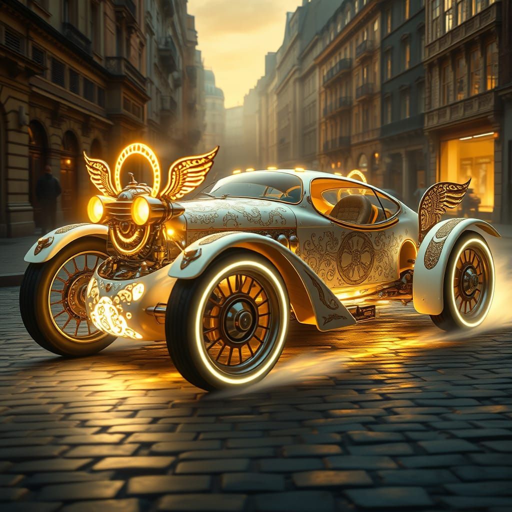 Dieselpunk Hypercar in Victorian City at Dawn