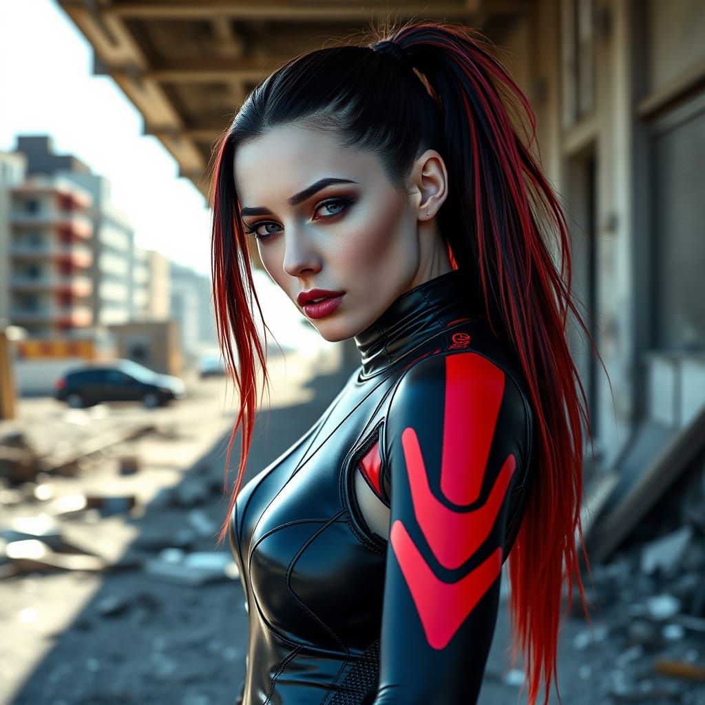 Futuristic Fashion Model in Abandoned Cityscape
