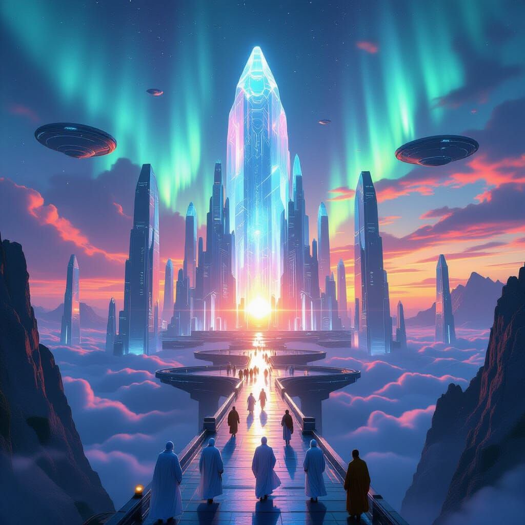 Futuristic Crystalline Temple-City at Sunset