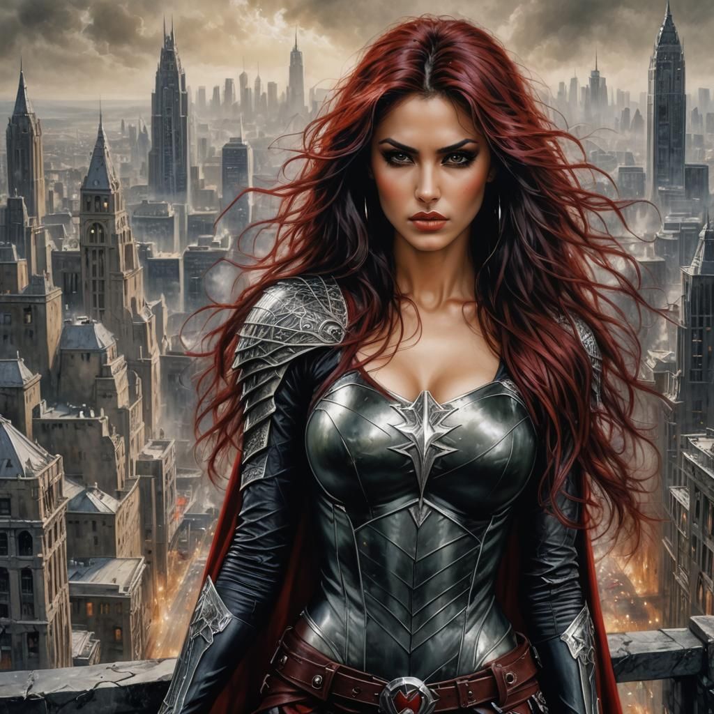 Beautiful Woman with Red Hair in Superhero Costume