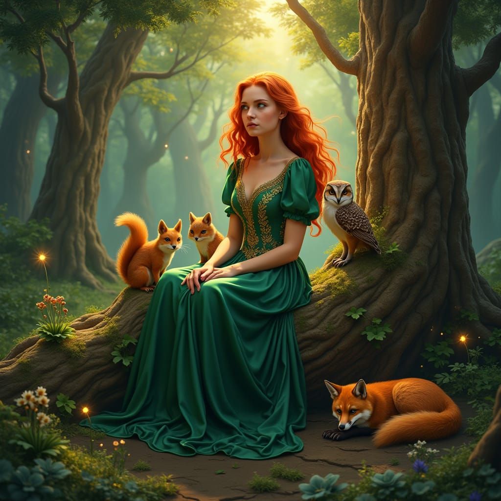Fiery Redhead Enchantress Surrounded by Forest Creatures in....