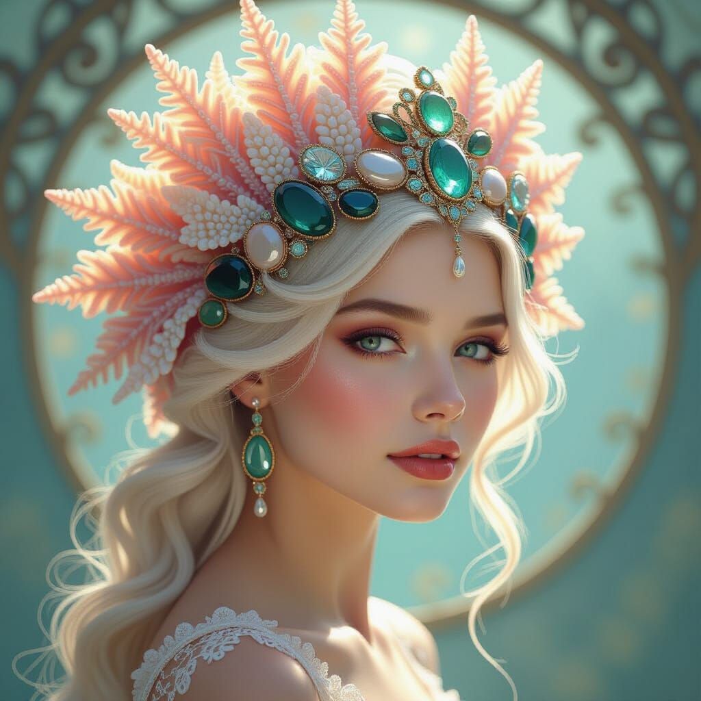 Ethereal Woman with Coral Headdress: Art Nouveau Portrait
