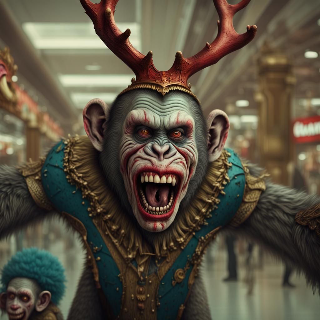 Zombie Monkey Clowns With Antlers at the Mall