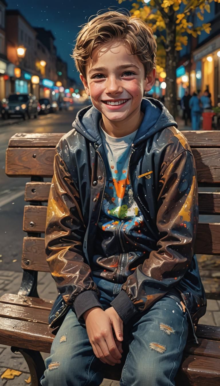 Boy on Bench at Night in Hyperrealistic Style