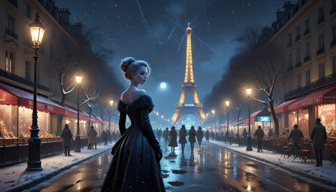 Snowy Champs Elysées Night Scene in Futuristic 3D Render Sty...