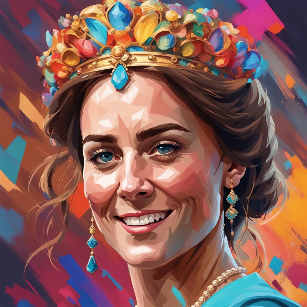 Princess of Wales Kate Middleton colourful head and shoulders portrait, 8k resolution concept art portrait by Greg Rutko...