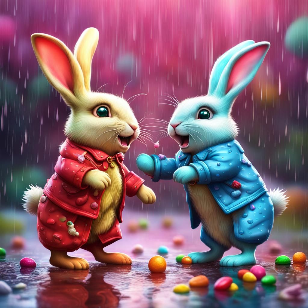 Rabbits Quarreling in the Rain: Candy Art Style