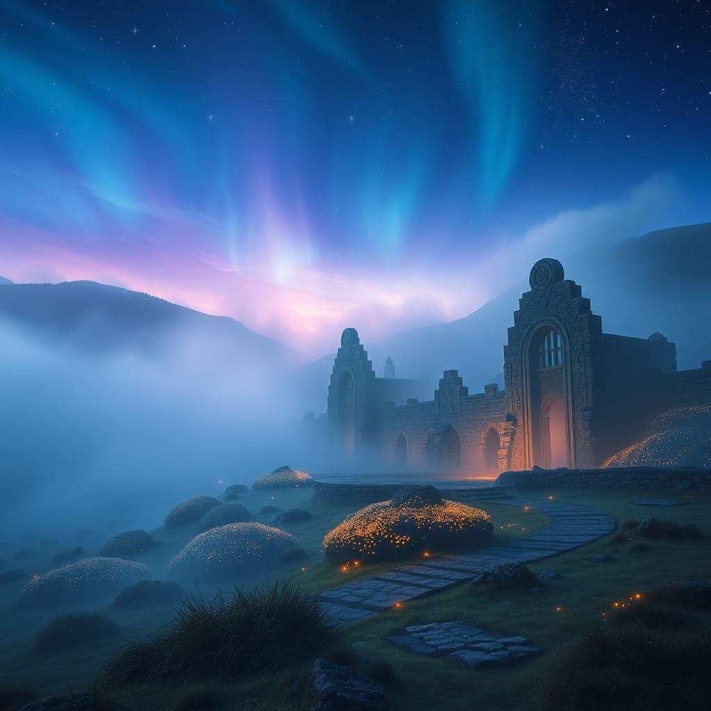 Ethereal Scottish Highlands Ruins Under Aurora Borealis