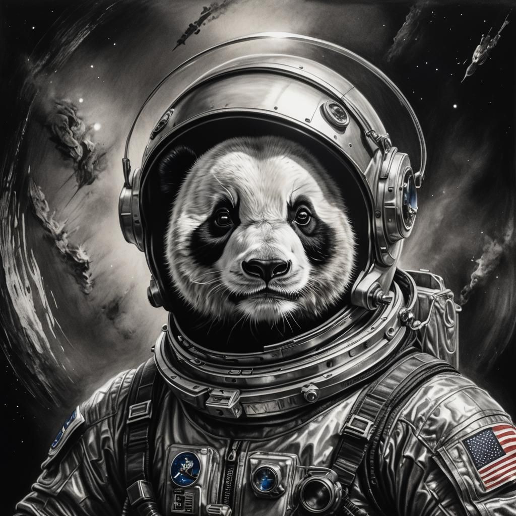 Panda Astronaut Portrait in Charcoal Style