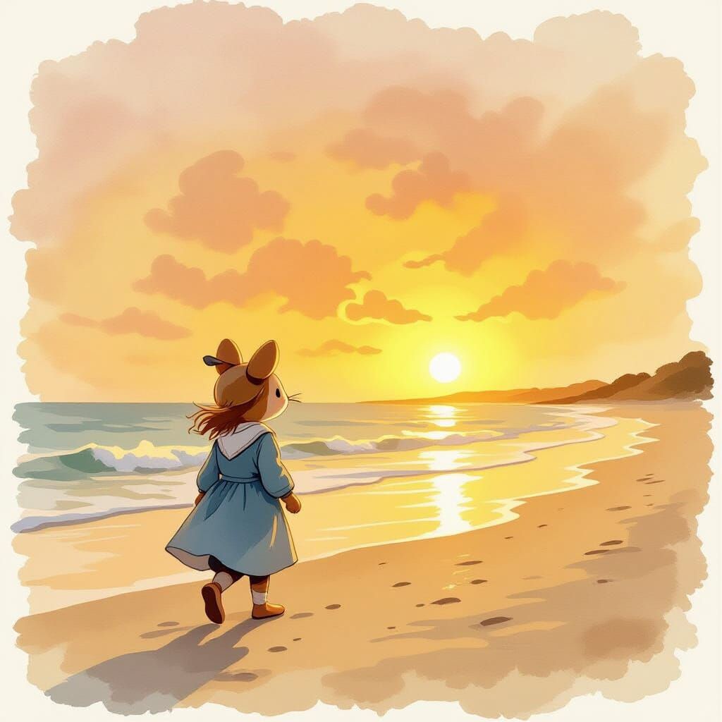 Storybook illustration sunset beach