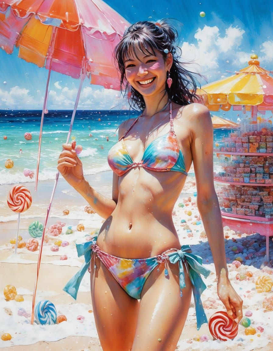 Candy World Woman in Bikini on Beach, Vibrant Abstract Art