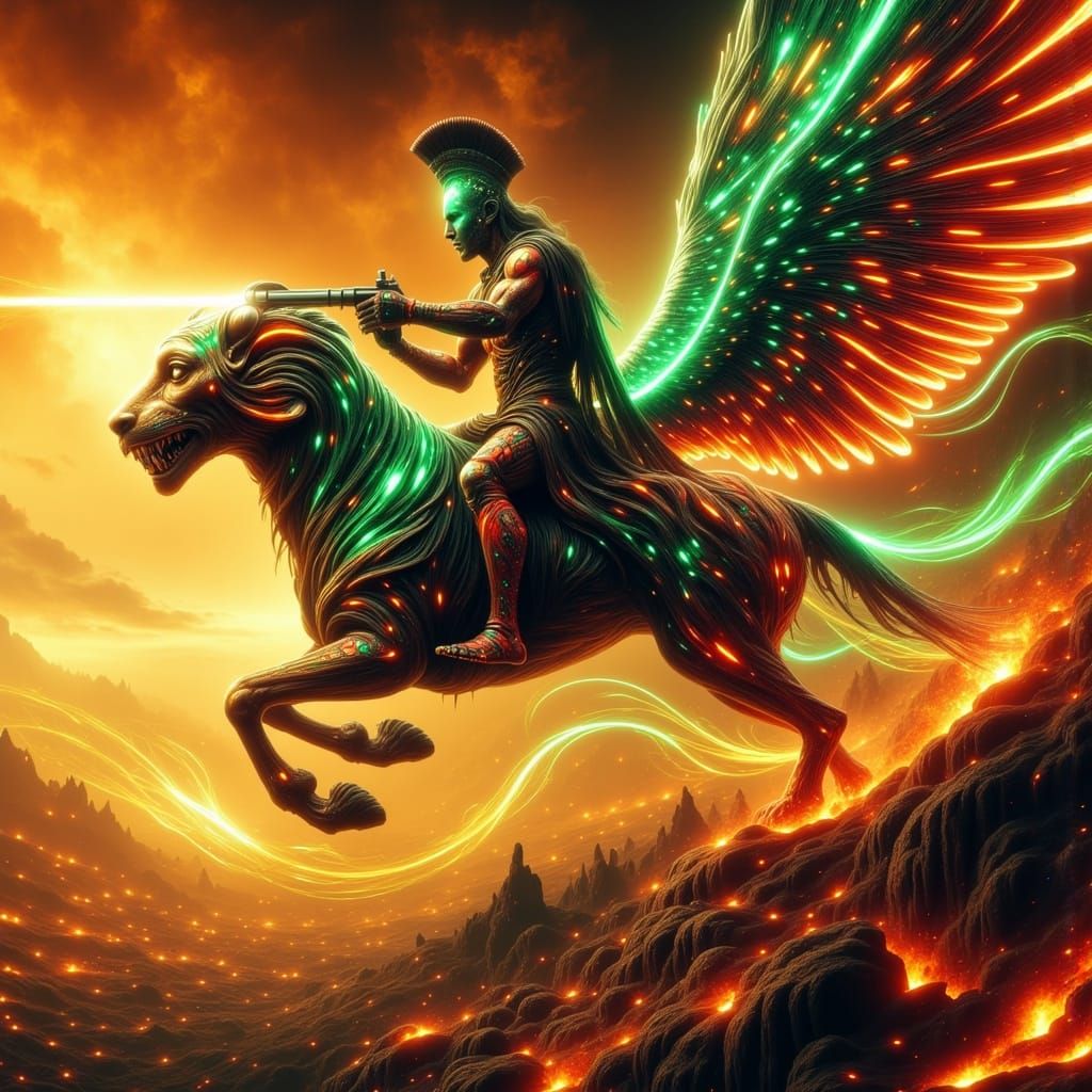 Sci-Fi Emperor on Winged Sphinx Above Exploding Base