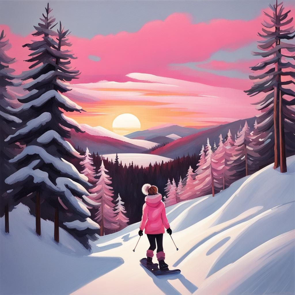 Scandinavian Girl Snowboarding in Snowy Landscape Painting