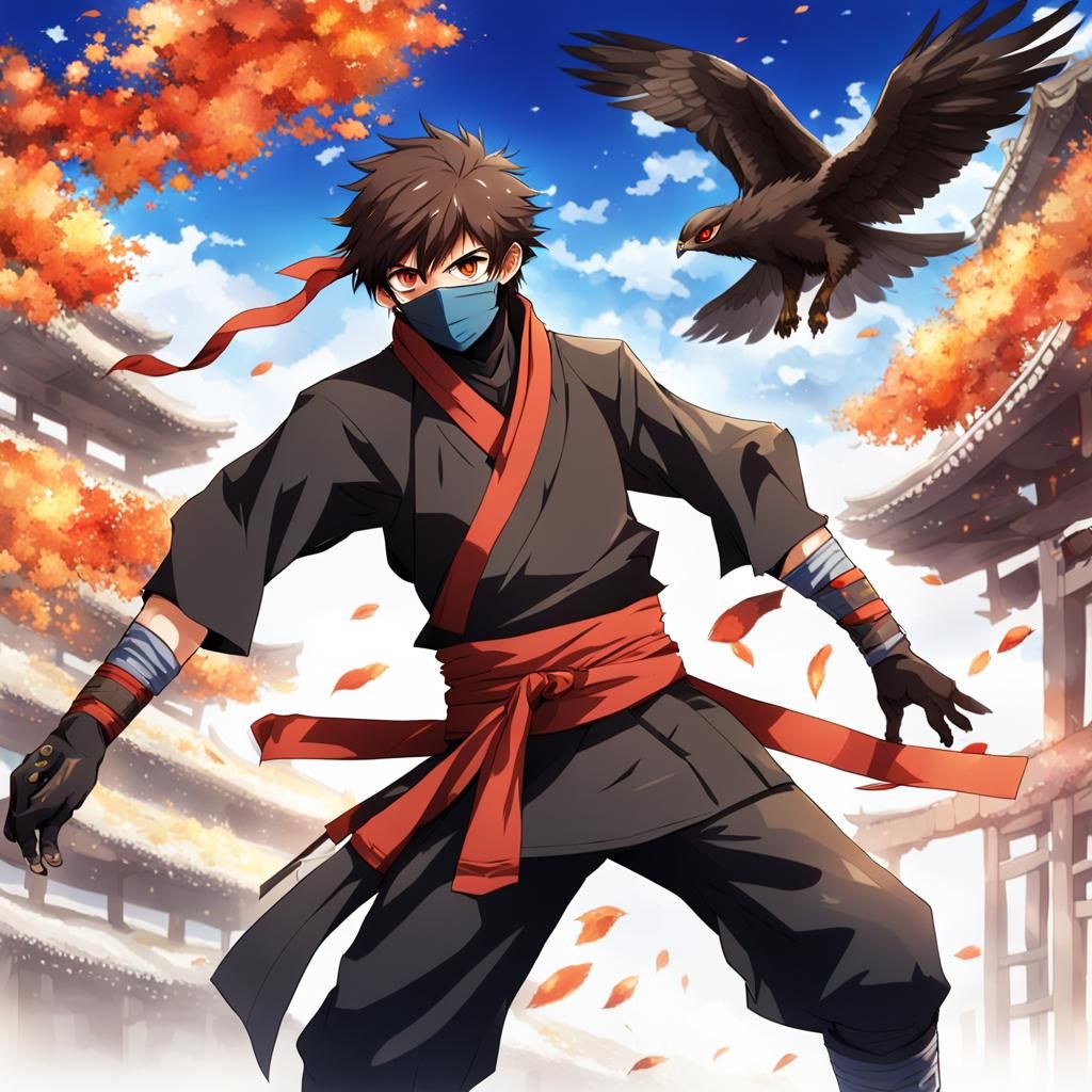 Anime Ninja with Falcon in Japanese Manga Style