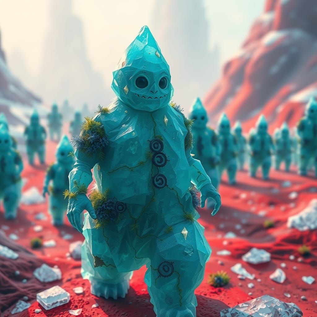 Crystal Snowmen March Along Vibrant Red Pathway