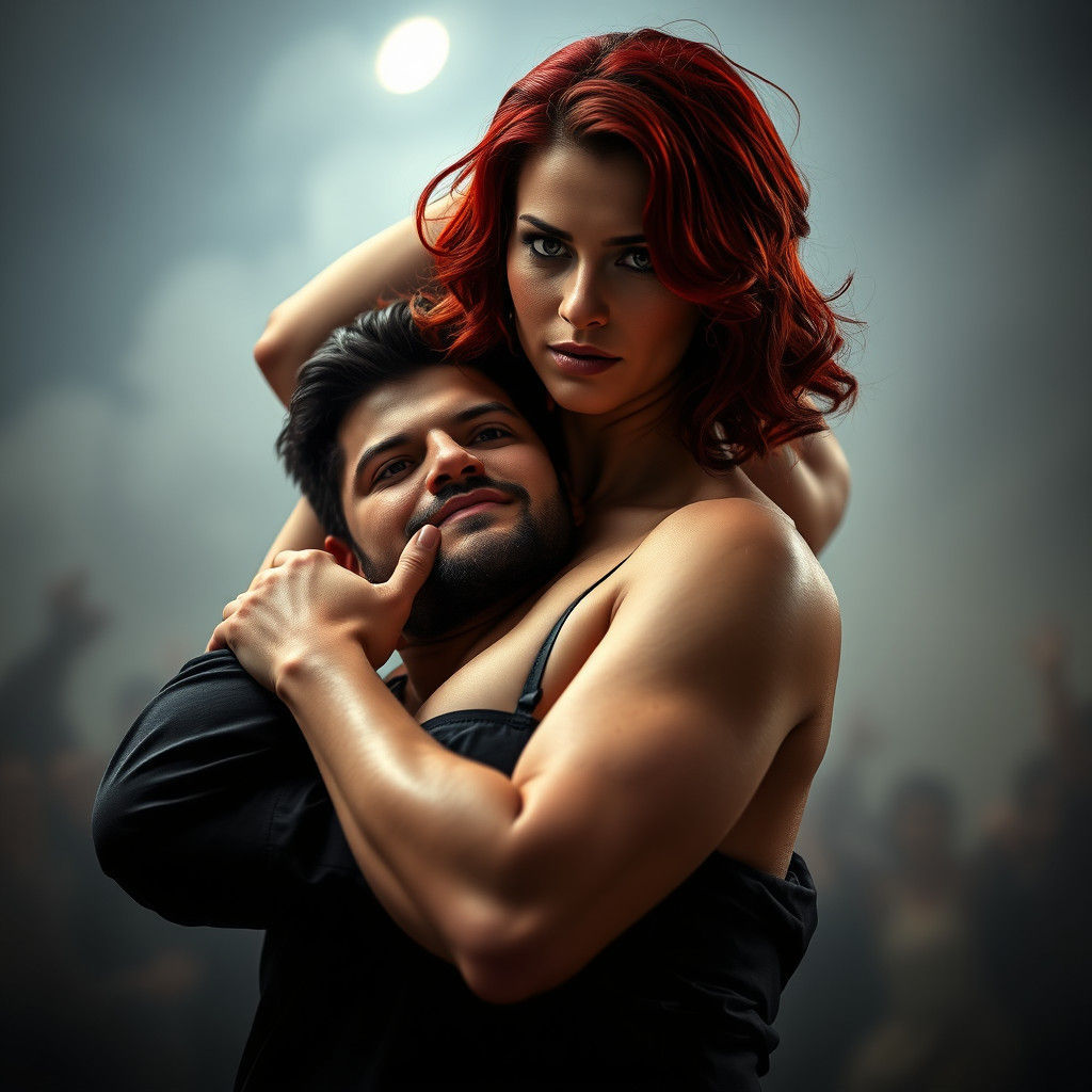 Strong Woman Lifts Man in Hyperrealistic Portrait