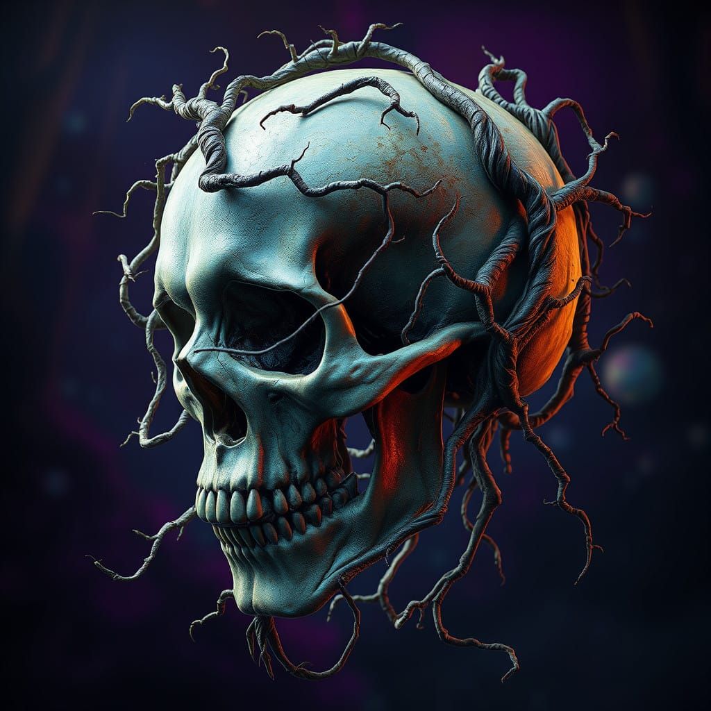 Surreal Skull in Ancient Forest Scene