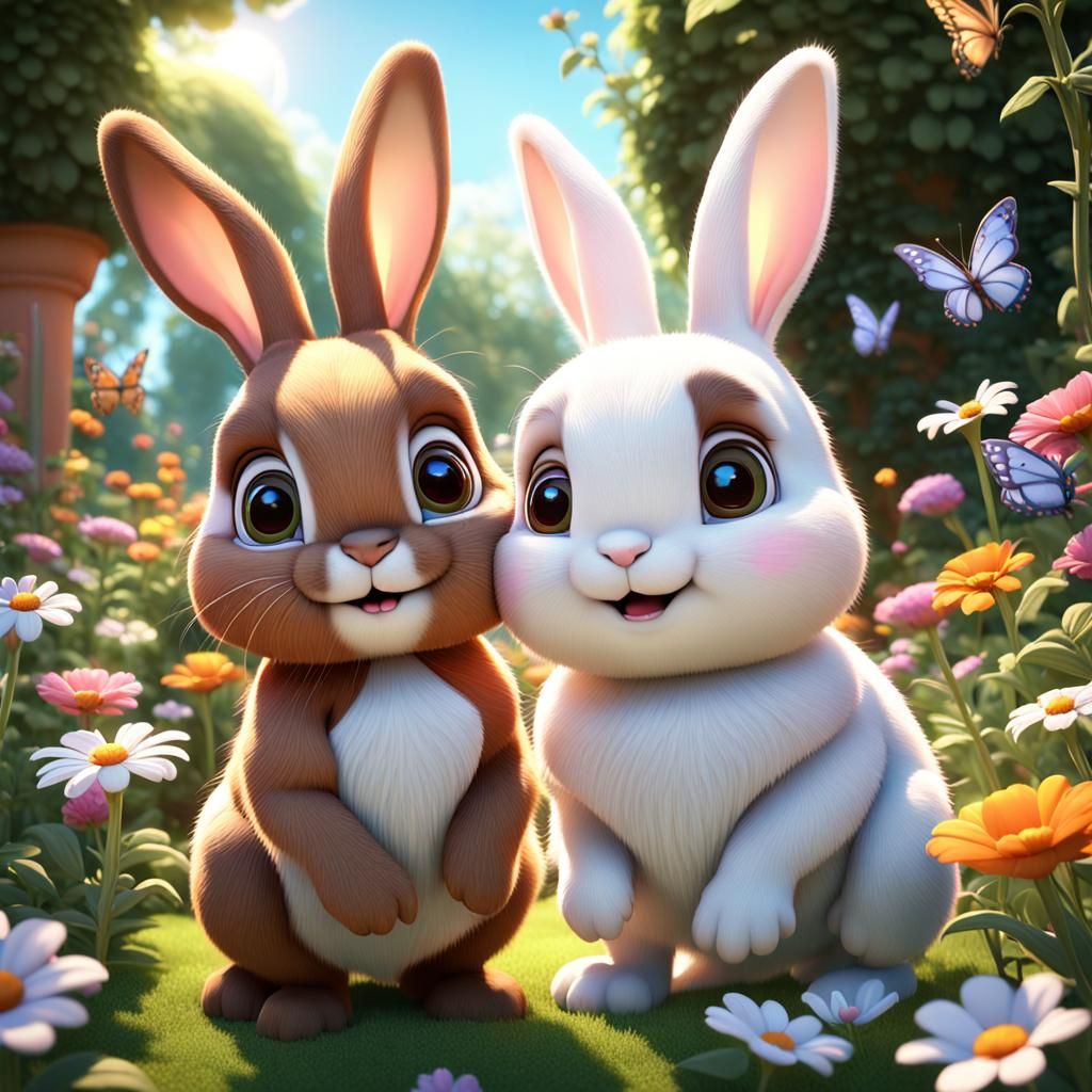 Adorable Bunnies in Sunny Garden, 3D Digital Art