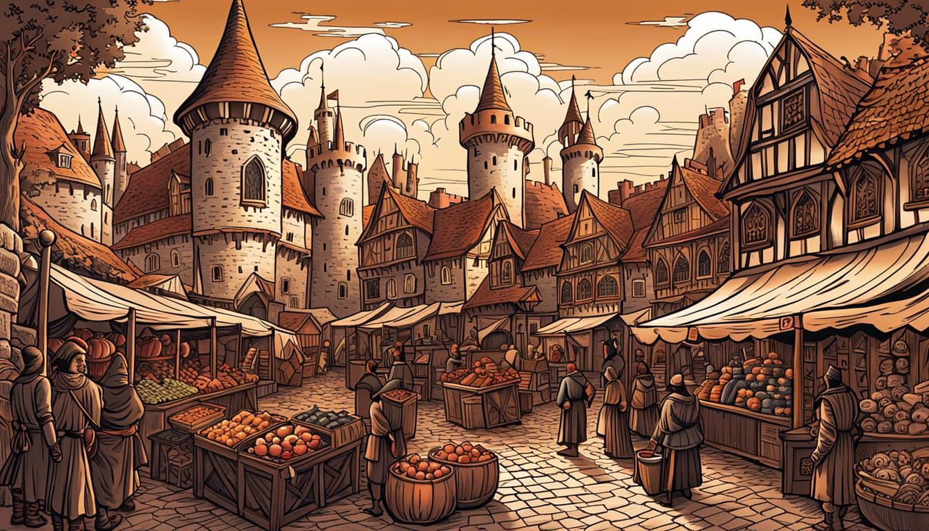 Medieval Market Scene: 2D Vector Art Illustration