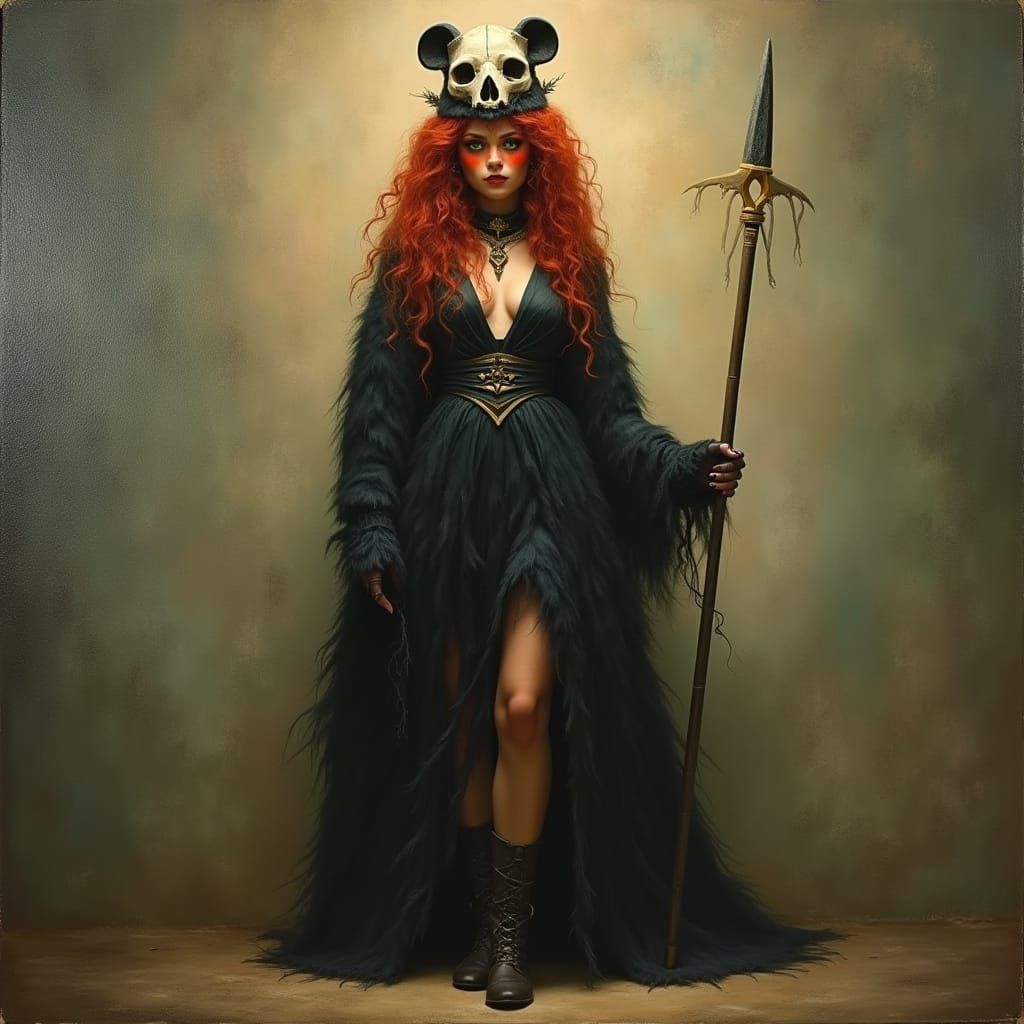 Nelliel in Bear Skin Dress with Spear, Tonalism Style