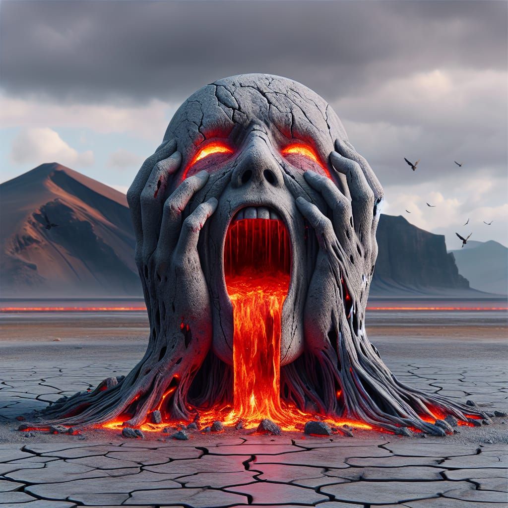 Fiery Stone Face Erupts in Volcanic Landscape