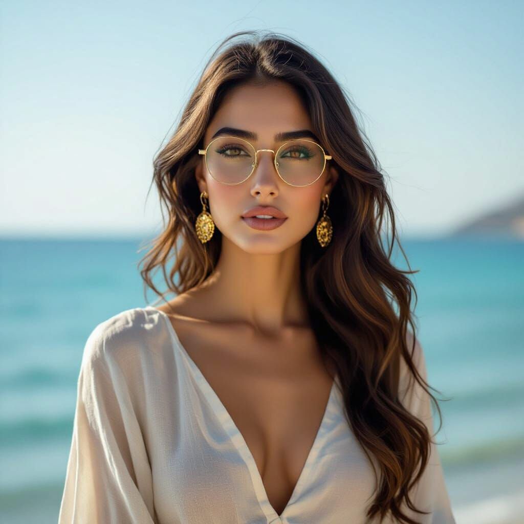 Elegant Iranian Woman by the Sea in Photorealistic Style