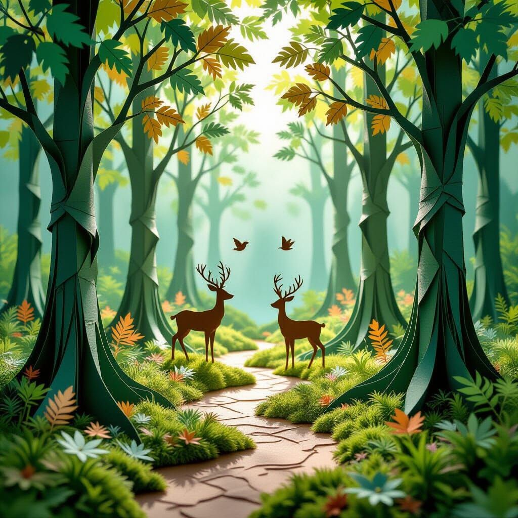 Enchanted Paper Diorama Forest with Origami and Silhouettes