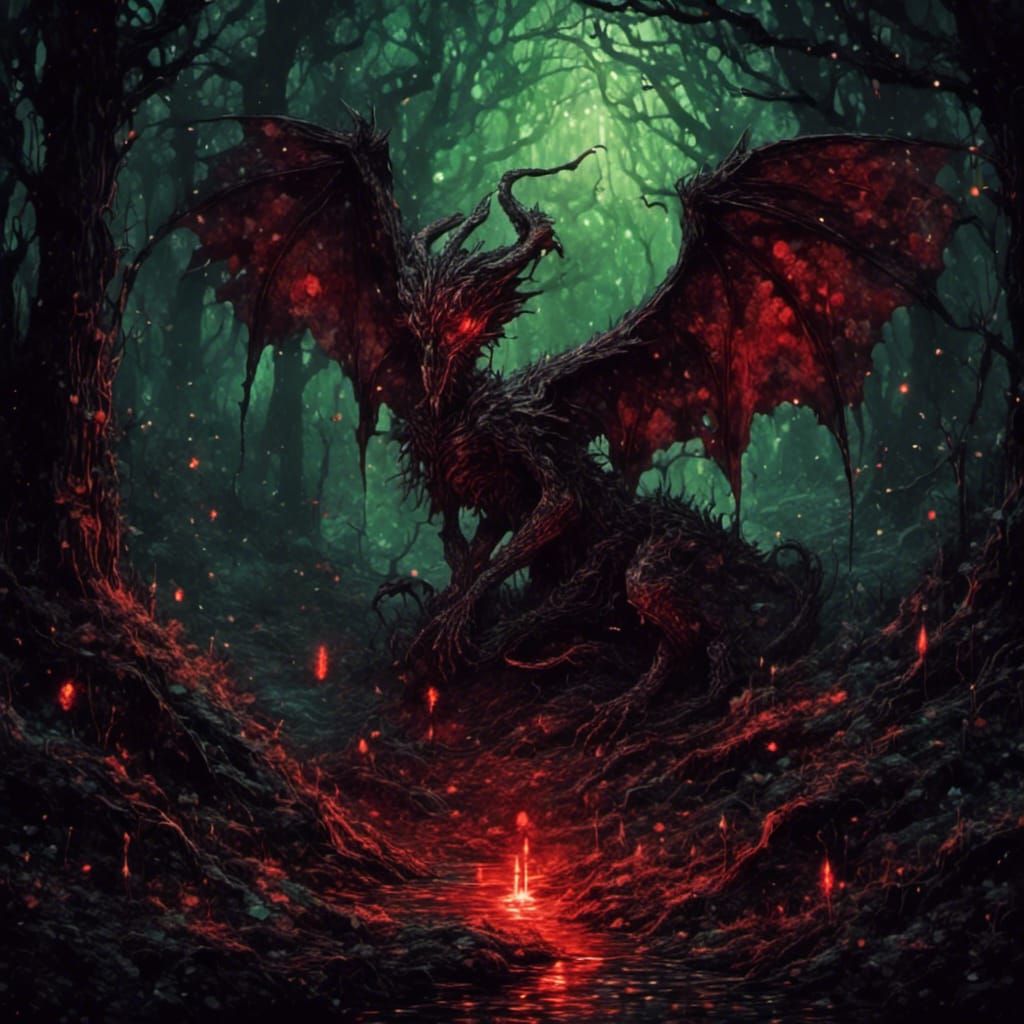 Jabberwocky in Dark Wood: Retro Macabre Illustration