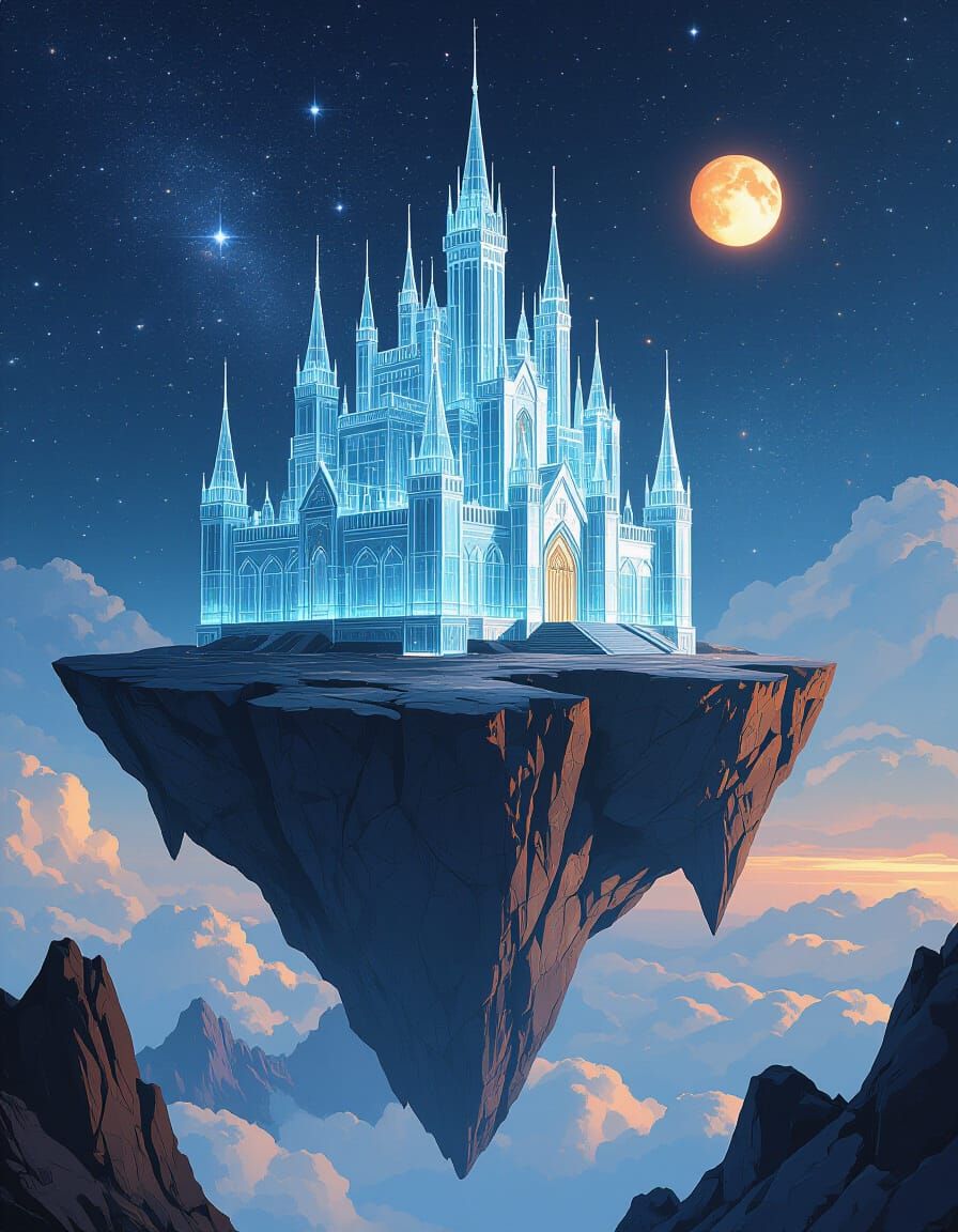 Glass Castle on Floating Rock in Space