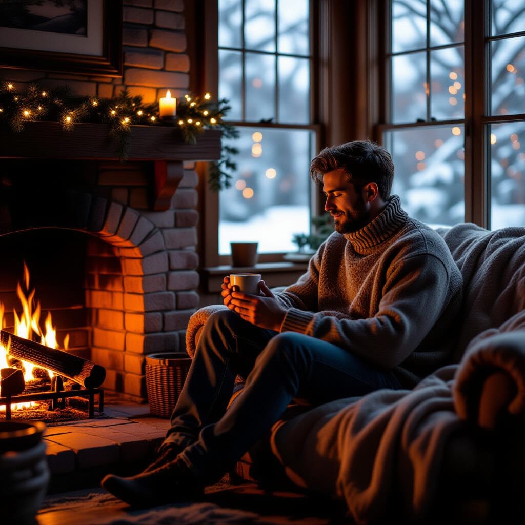 Cozy Man Warming Hands by Fireplace in Moody Lighting