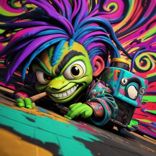 Grinch-like Character Smoking Candy Cigar in Graffiti Art