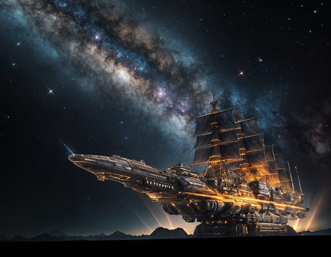 Gigantic Spaceship Navigating Golden Nebula in Space