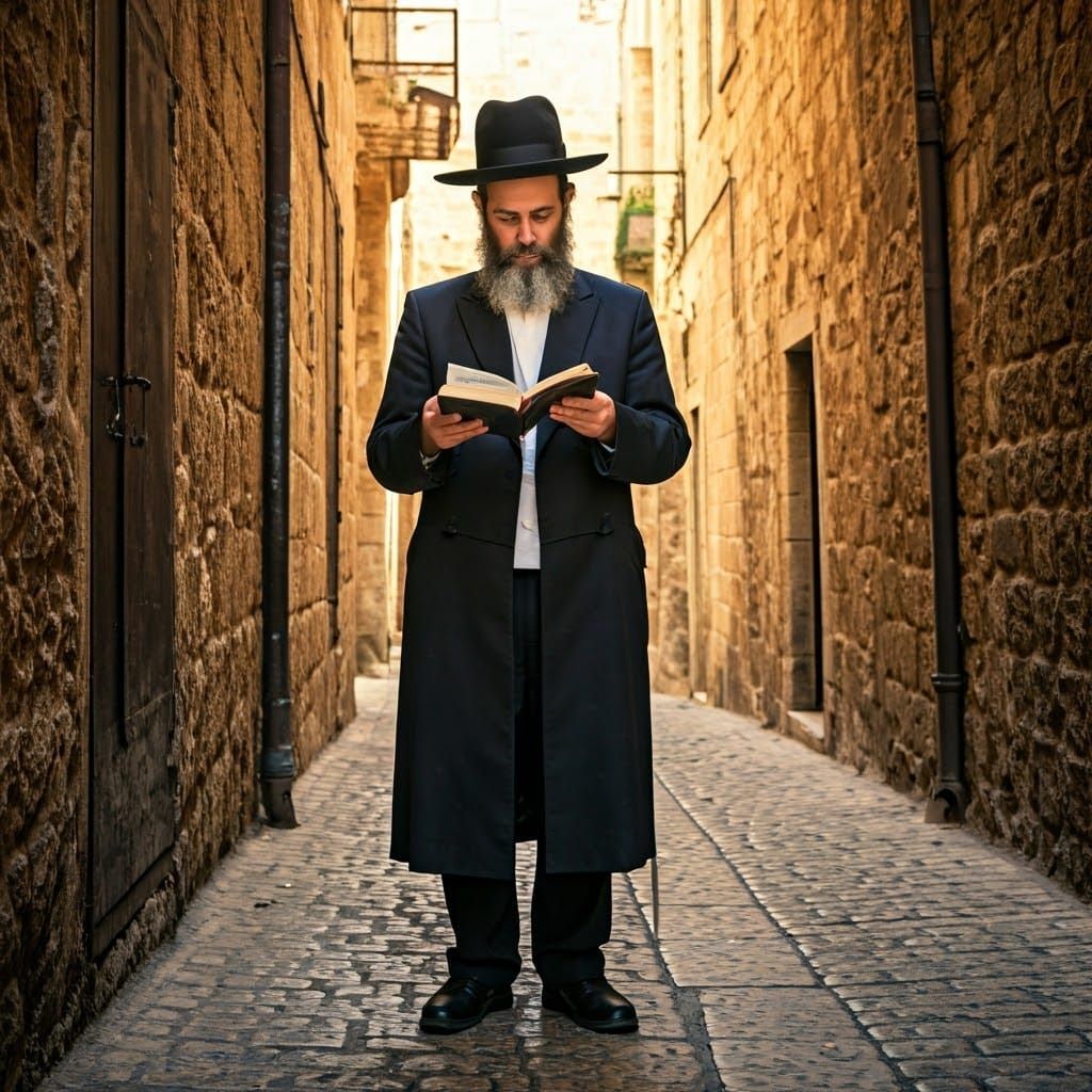 Hasidic Man Reads in Jerusalem Street