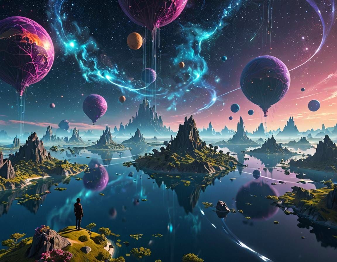 Surreal Metaverse: Floating Figure in Digital Dreamscape