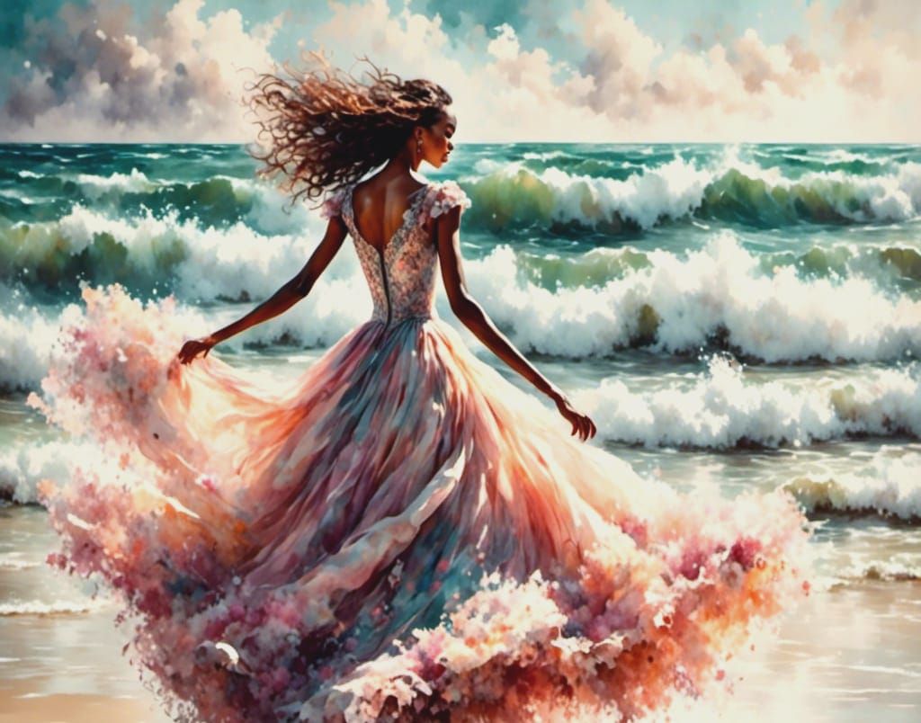 Joyful Woman in Ballgown on Beach, Victorian Watercolor