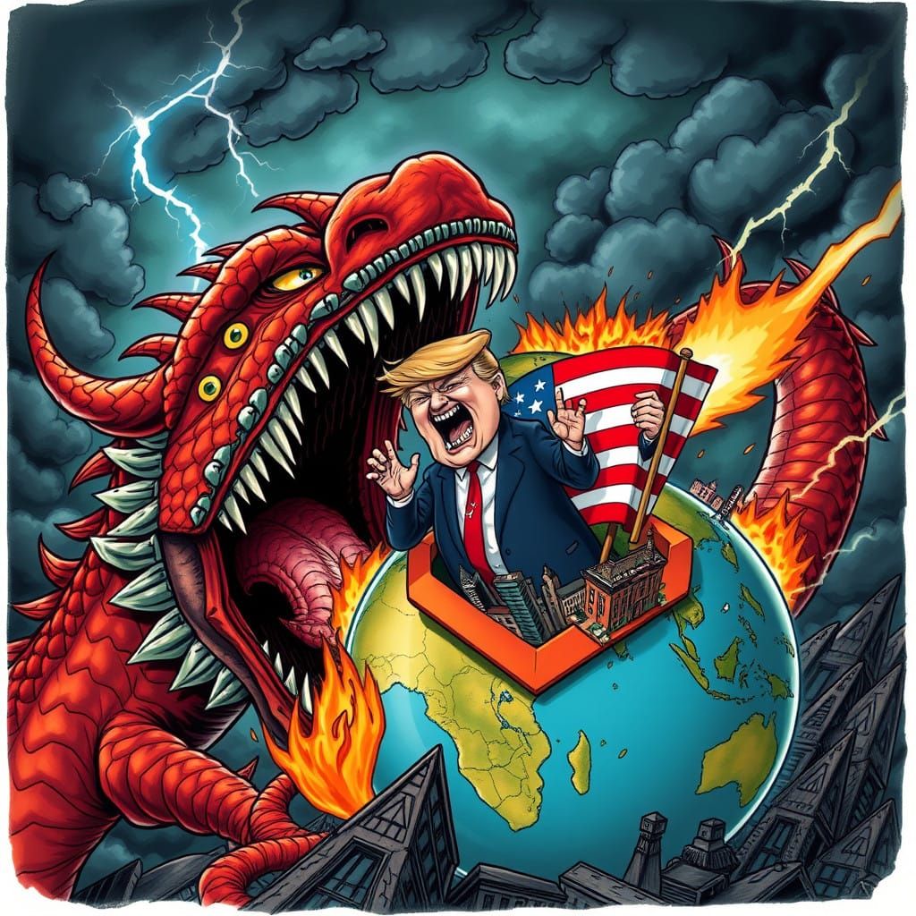 Satirical Illustration of Global Chaos in a Cyberpunk-Inspir...