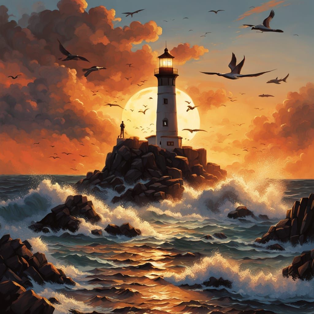 Dramatic Lighthouse Painting Overlooking Turbulent Sea at Su...