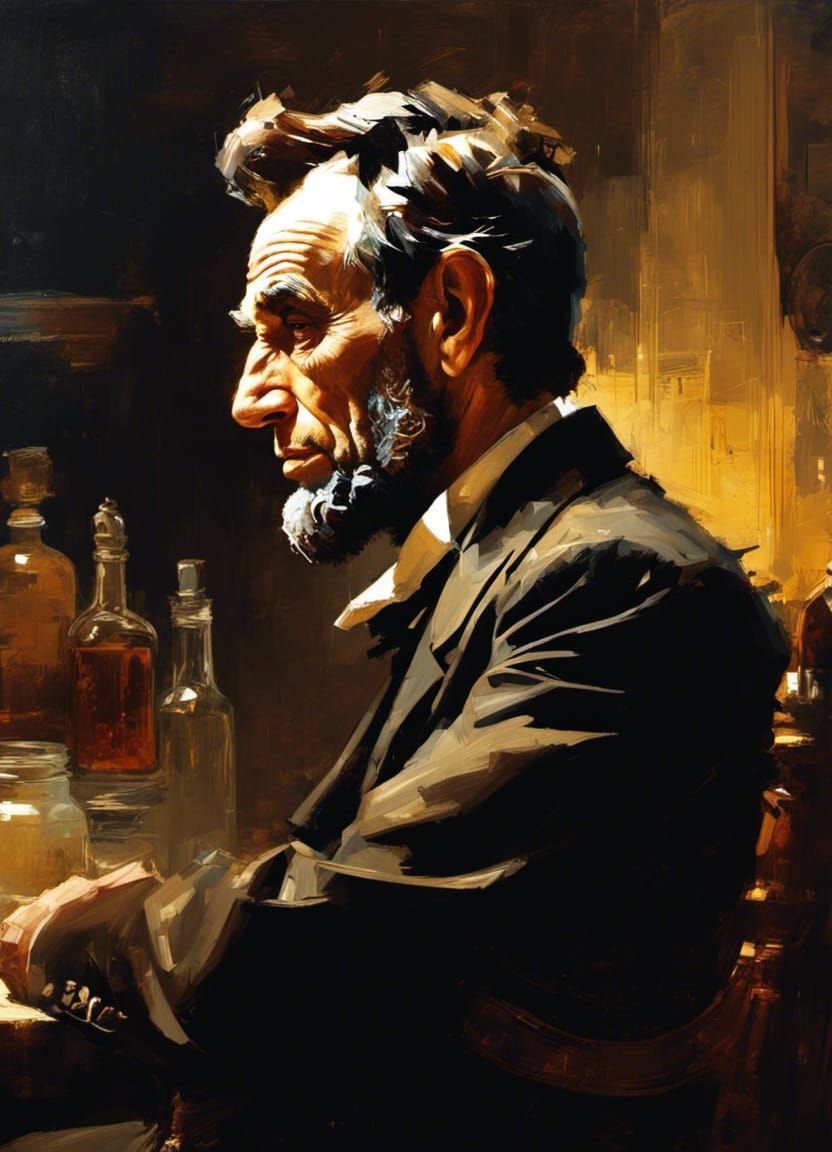 Abraham Lincoln in Kitchen, Realistic Detailed Painting
