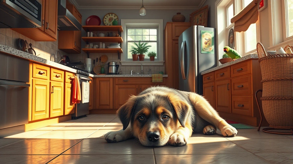 Vibrant Kitchen with Puppy and Parrot: Photorealistic Style