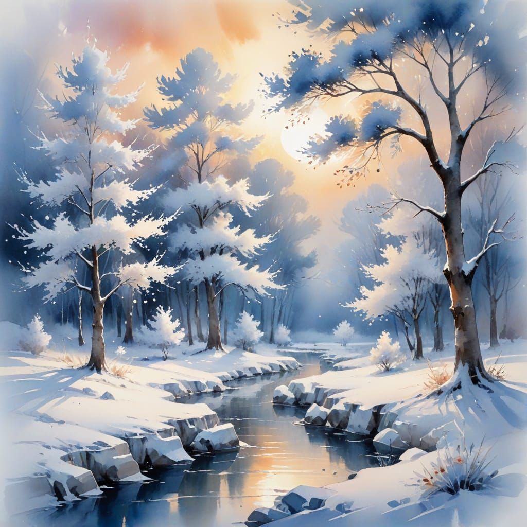 Serene Winter Landscape in Soft Blues and Glistening Whites