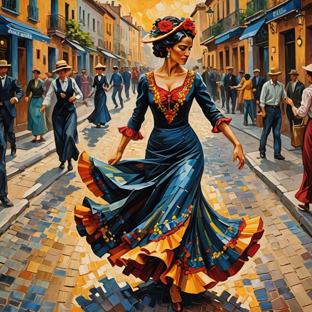 Flamenco Dancer in Spanish Street, Neo-Impressionism Style