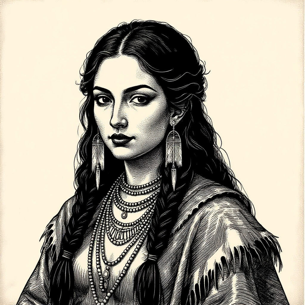 Lenape Princess Portrait in Woodcut Print Style